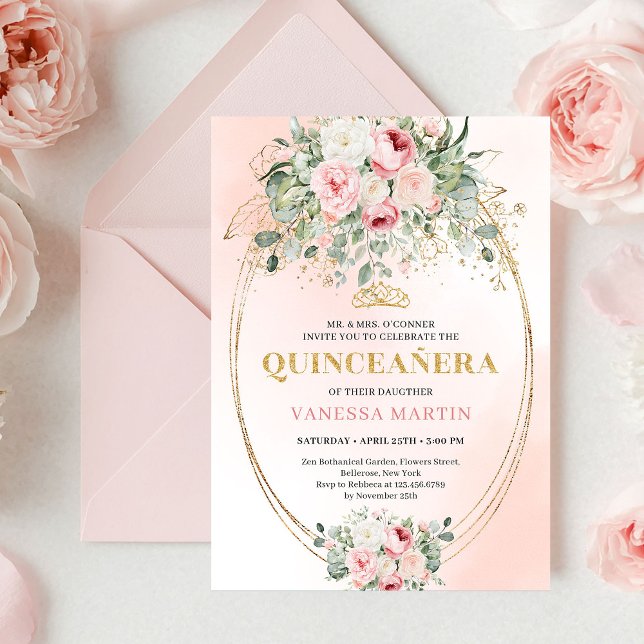 Invitation Refined Boho Blush Roses Verdure Or Quinceañera (Refined Blush Roses Greenery Gold Quinceañera Invite)
