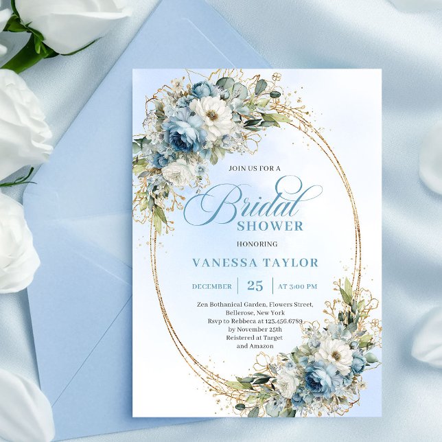 Invitation Refined Boho Dusty Blue Flowers Gold Bridal Shower (Refined Dusty Blue Flowers Gold Bridal Shower Invitation)