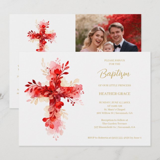 Invitation Refined Botanical Cross in Red Tones Photo Baptism (Devant / Derrière)