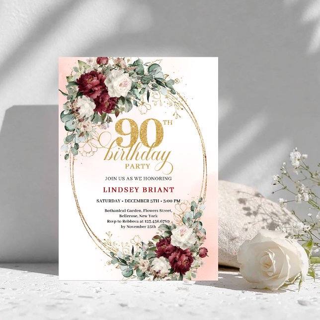 Invitation Refined Burgundy Floral Gold Frame 90th Birthday  (Refined Burgundy Floral Gold Frame 90th Birthday Invite)