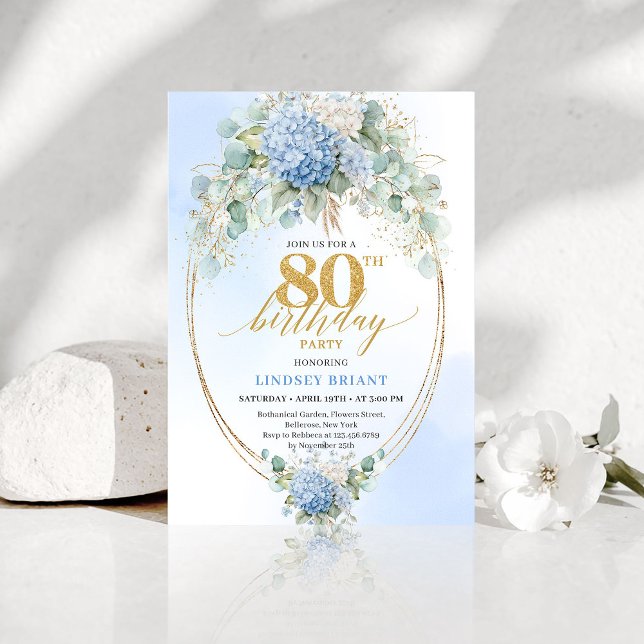 Invitation Refined Chic Dusty Blue Floral Gold 80th Birthday (Refined Dusty Blue Floral Gold 80th Birthday Invitation)