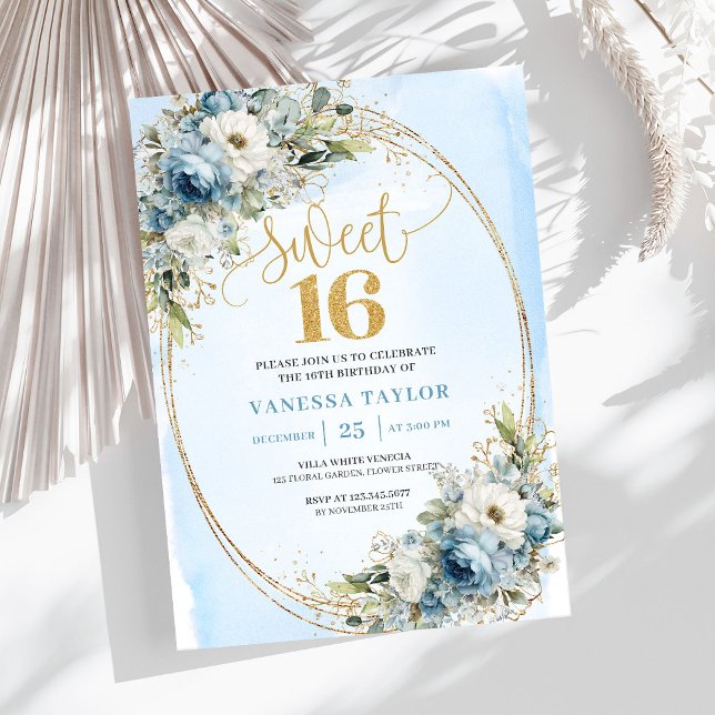 Invitation Refined Dusty Blue Greenery Sweet Sixteen Invites (Refined Dusty Blue Greenery Sweet Sixteen Invitation)