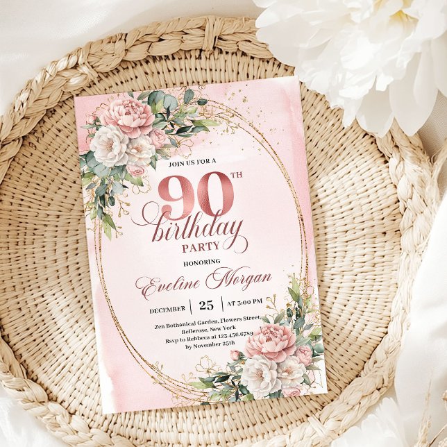 Invitation Refined Dusty Pink Gold Greenery 90th Birthday  (Refined Dusty Pink Gold Greenery 90th Birthday Invite)