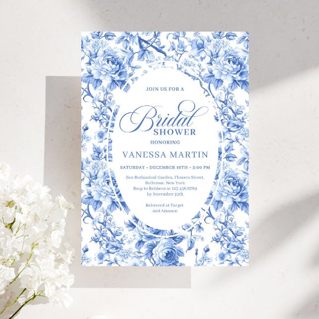 Invitation Refined Royal Blue Toile de Jouy Floral Bridal (Refined Royal Blue Toile de Jouy Floral Bridal Shower)