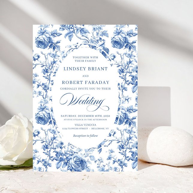Invitation Refined Royal Blue Toile de Jouy Floral Wedding  (Refined Royal Blue Toile de Jouy Floral Wedding Invite)