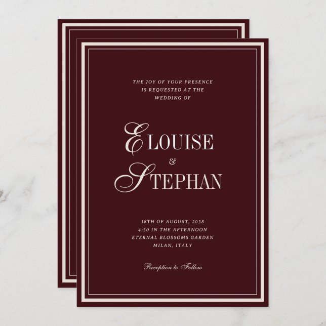 Invitation Refined Script Burgundy QR Code Details Wedding (Devant / Derrière)