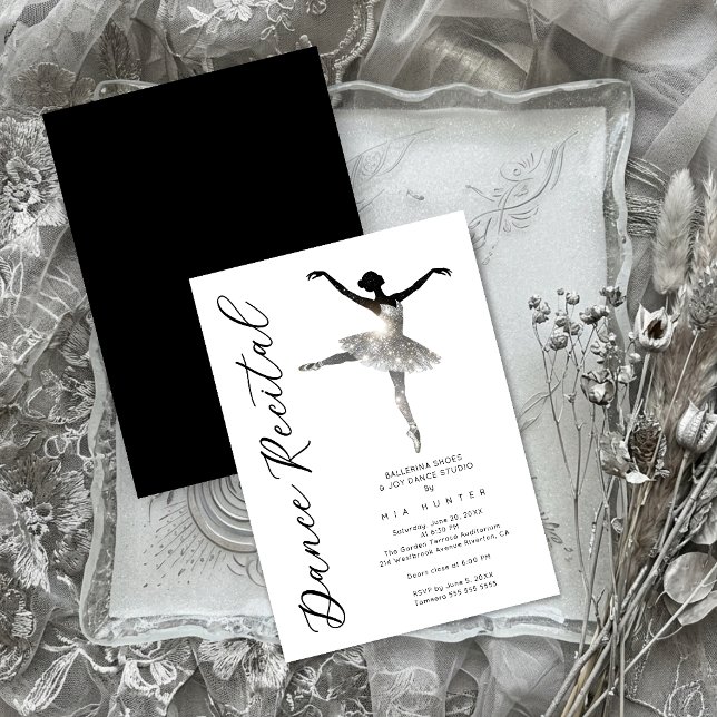 Invitation Refined Silver Sparkle Ballet Recital TMF26 (Sophisticated Black and White Ballerina Dance Recital Invitation with Faux Silver Glitter Tutu.)