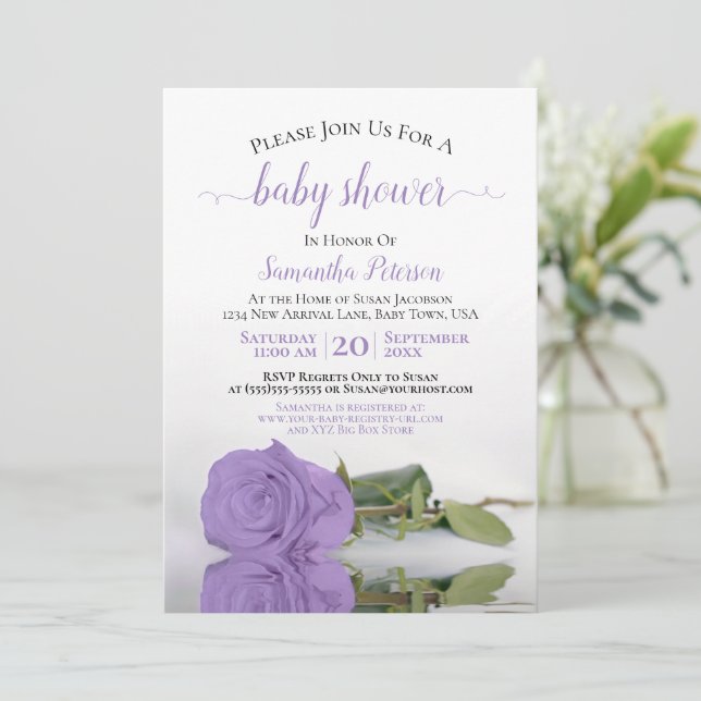 Invitation Reflet Lavender Rose Élégant Baby shower (Debout devant)