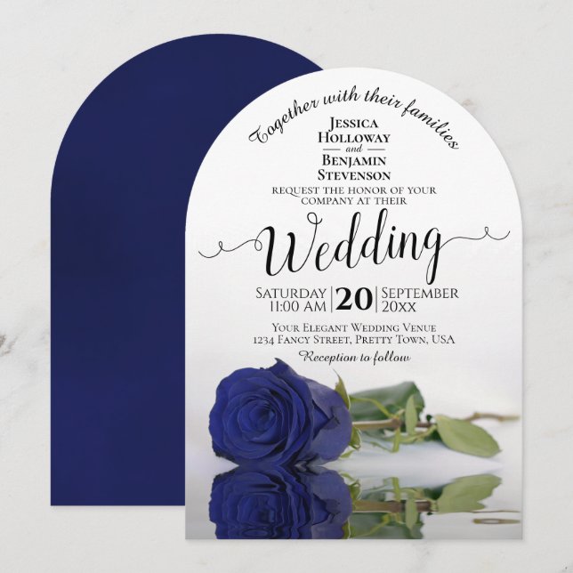 Invitation Reflet Rose bleu marine Élégant Mariage romantique (Devant / Derrière)