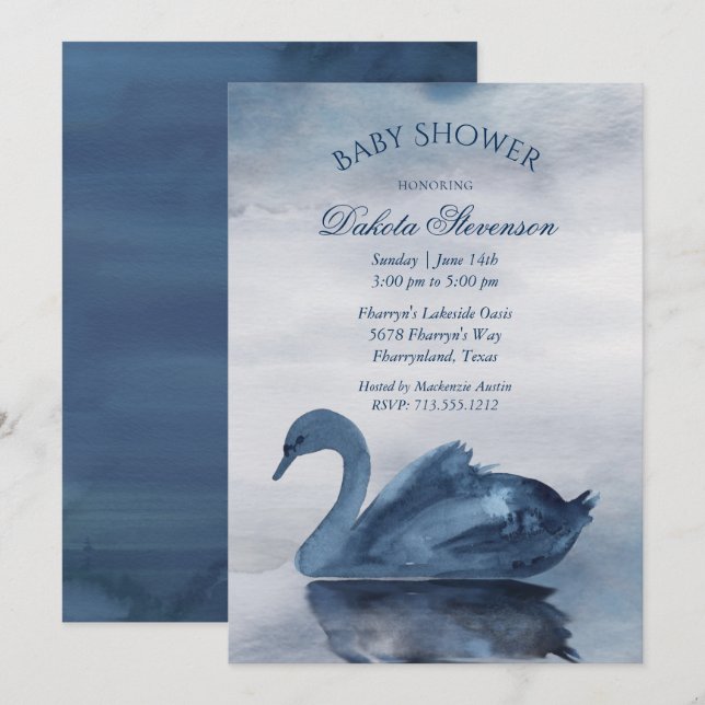 Invitation Réflexions des lacs | Dusty Blue Swan Baby shower (Devant / Derrière)
