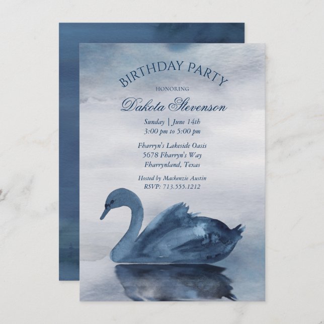 Invitation Réflexions des lacs | Dusty Blue Swan fête d'anniv (Devant / Derrière)