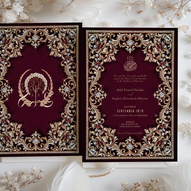Invitation Regal Bourgogne bijoux d'or antique Mariage islami (Créateur téléchargé)