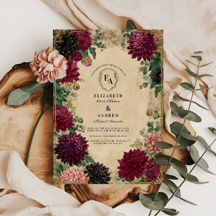 Invitation Regal Burgundy Dahlias avec cadre Or Ornate