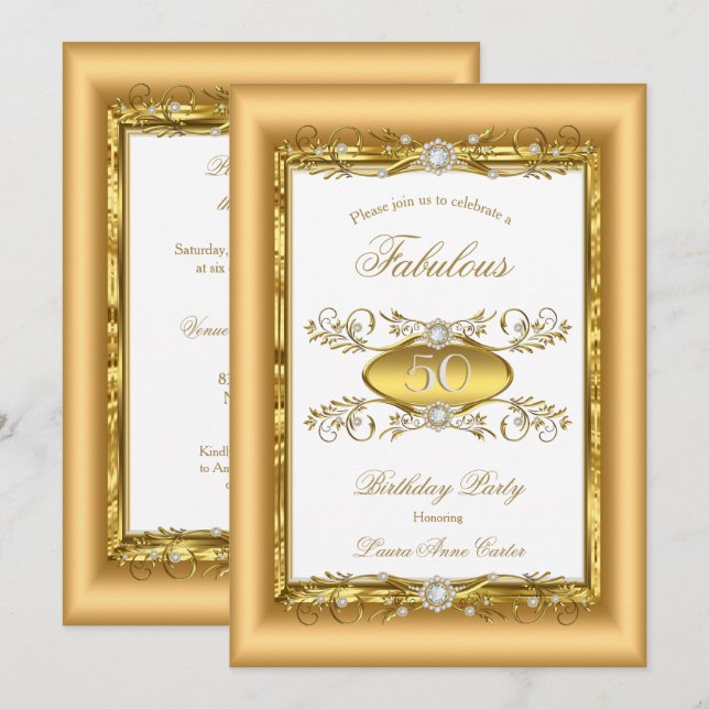 Invitation Regal Gold White Diamond fête d'anniversaire (Devant / Derrière)