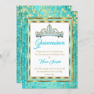 Invitation Regal Princess Bleu Turquoise Quinceanera Or Blanc