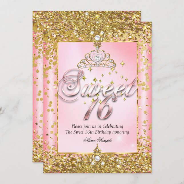 Invitation Regal Princess Sweet 16 Gold Blush Pink Party (Devant / Derrière)