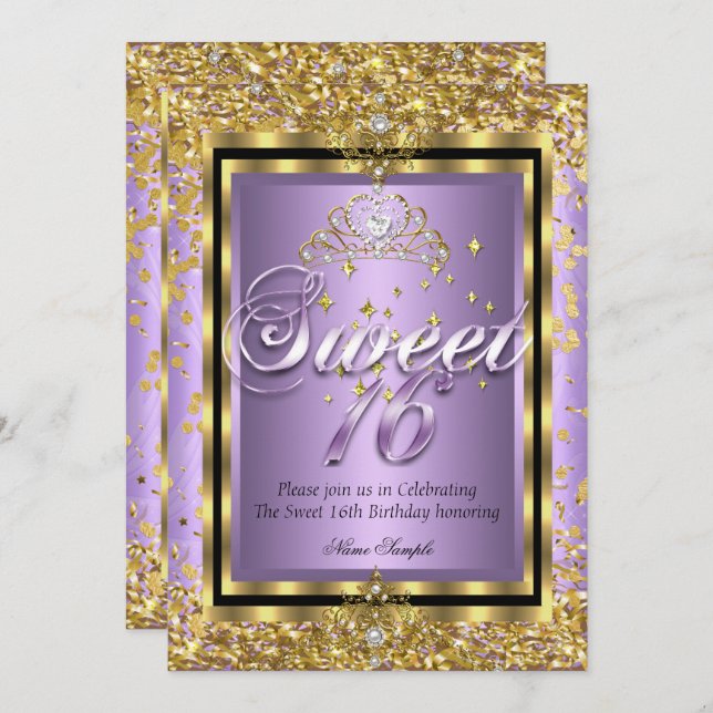 Invitation Regal Princess Sweet 16 Gold Lavender Purple Party (Devant / Derrière)
