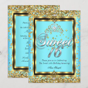 Invitation Regal Princess Sweet 16 Gold Turquoise Blue Party