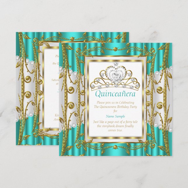 Invitation Regal Quinceanera 15ème Turquoise Jade Gold White  (Devant / Derrière)
