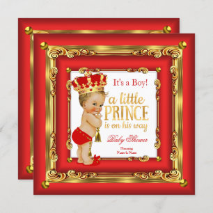 Invitation Regal Red Gold Prince Baby shower Blonde Boy