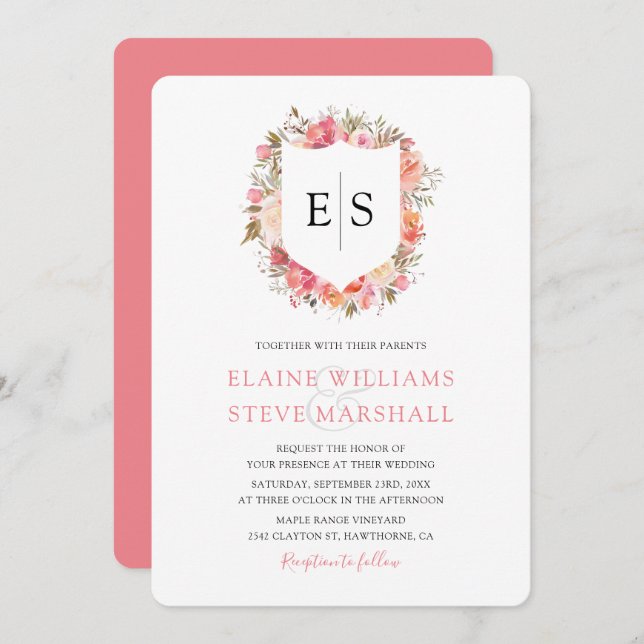 Invitation Regal rose Floral Monogram Crest Mariage (Devant / Derrière)
