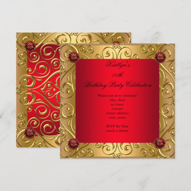 Invitation Regal Rouge élégante fête d'anniversaire Damask Go (Devant / Derrière)