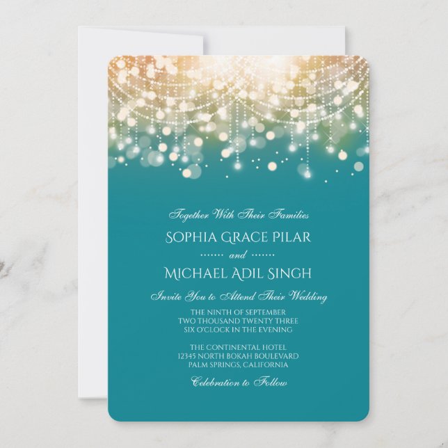 Invitation Regal Turquoise et Gold Bokeh (Devant)