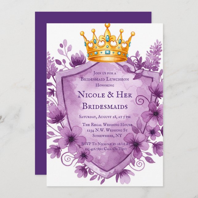 Invitation Regal Violet Floral Crest Bachelorette Party (Devant / Derrière)