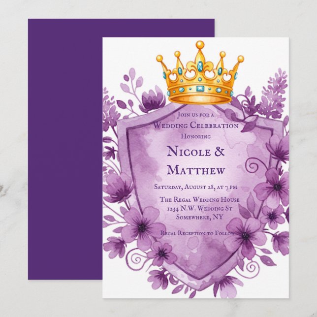 Invitation Regal violet Mariage de crête florale (Devant / Derrière)