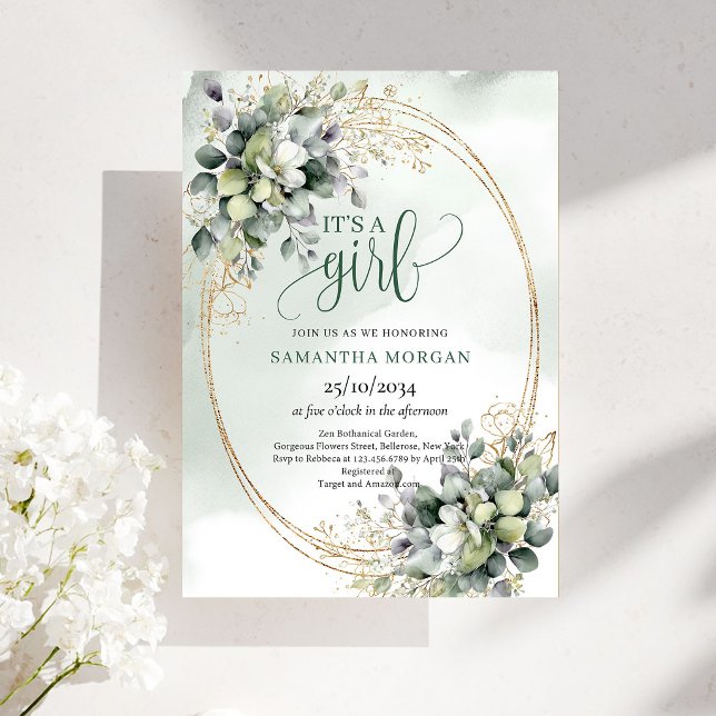 Invitation Regard Bébé Fille avec un Effet Aquarel (Dusty Green Watercolor Look It’s A Girl Invitation)