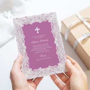 Invitation Regard de dentelle élégant Baptême Rose Poudré a