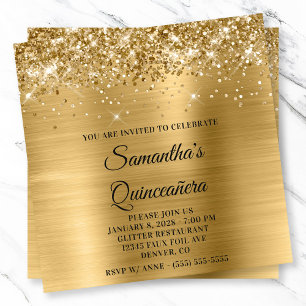 Invitation Regard Doré Pailleté pour Quinceanera