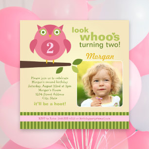 Invitation Regarde qui tourne deux ans Owl's Birthday Rose De