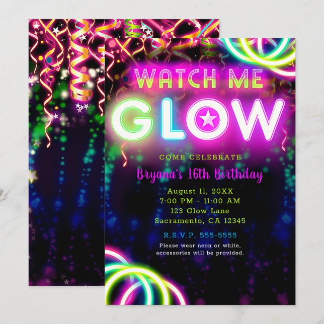 Invitation REGARDEZ-MOI GLOW Neon fête d'anniversaire (Devant / Derrière)