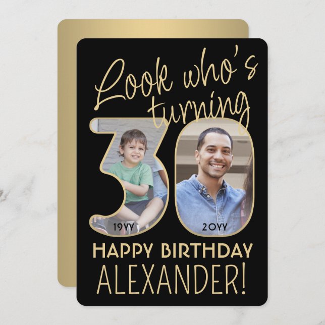Invitation Regardez qui est 30 Black & Gold Anniversaire Part (Devant / Derrière)