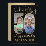 Invitation Regardez qui est 50 Black & Gold Anniversaire Part<br><div class="desc">Regardez qui a 50 ans ! Famille Invitation et amis à une élégante célébration du cinquantième anniversaire pour lui ou elle avec personnalisation 2 invitations de fête photo. Les images et le libellé de ce modèle sont simples à personnaliser. (CONSEIL EN MATIÈRE DE PLACEMENT D'IMAGE : Une façon simple de...</div>