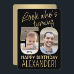 Invitation Regardez qui est 50 Black & Gold Anniversaire Part<br><div class="desc">Regardez qui a 50 ans ! Famille Invitation et amis à une élégante célébration du 50e anniversaire pour lui ou elle avec 2 invitations personnalisées de fête photo. Les images et le libellé de ce modèle sont simples à personnaliser. (CONSEIL EN MATIÈRE DE PLACEMENT D'IMAGE : Une façon simple de...</div>