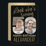 Invitation Regardez qui est 50 Black & Gold Anniversaire Part<br><div class="desc">Regardez qui a 50 ans ! Famille Invitation et amis à une élégante célébration du 50e anniversaire pour lui ou elle avec 2 invitations personnalisées de fête photo. Les images et le libellé de ce modèle sont simples à personnaliser. (CONSEIL EN MATIÈRE DE PLACEMENT D'IMAGE : Une façon simple de...</div>