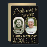 Invitation Regardez qui est 90 Black & Gold Anniversaire Part<br><div class="desc">Regardez qui a 90 ans ! Famille Invitation et amis à une élégante célébration du 90e anniversaire pour lui ou elle avec 2 invitations personnalisées de fête photo. Les images et le libellé de ce modèle sont simples à personnaliser. (CONSEIL EN MATIÈRE DE PLACEMENT D'IMAGE : Une façon simple de...</div>