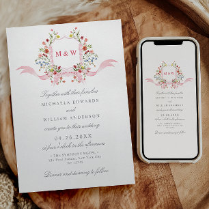 Invitation Regency Aquarelle Botanique Crête rose Mariage