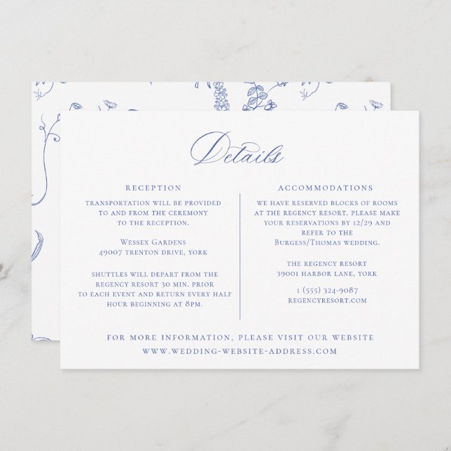 Invitation Regency Blue Floral Mariage Details Card (Devant / Derrière)