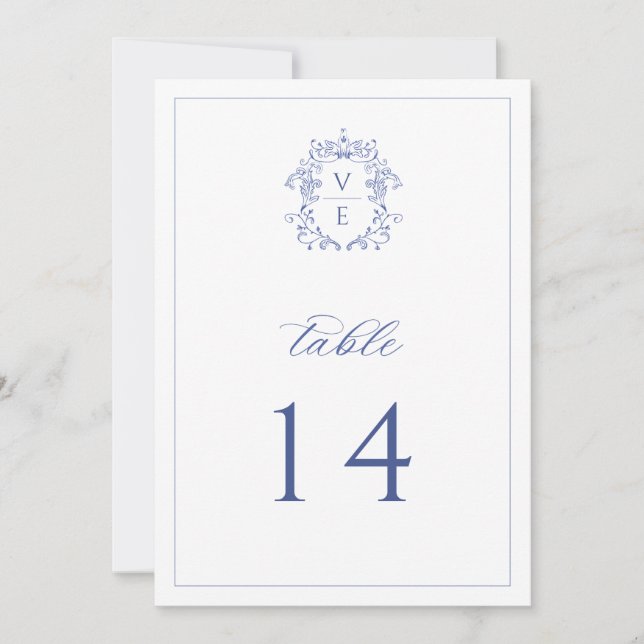 Invitation Regency Blue Monogram Crest Mariage Numéro de tabl (Devant)