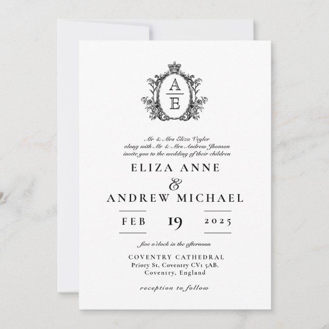 Invitation Regency Crest Monogramme Mariage noir et blanc (Devant)