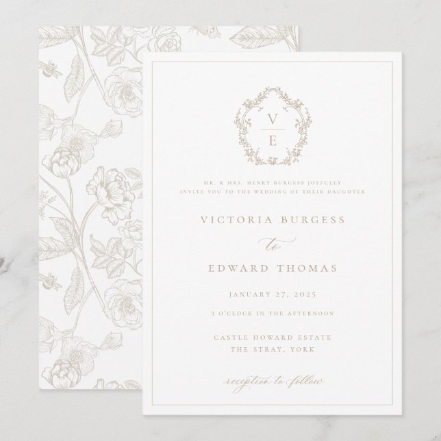 Invitation Regency Era Beige Crest Monogramme Mariage (Devant / Derrière)