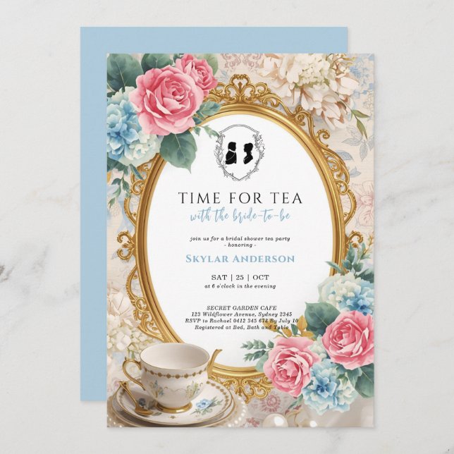 Invitation Regency Floral Tea Party bridal shower  (Devant / Derrière)