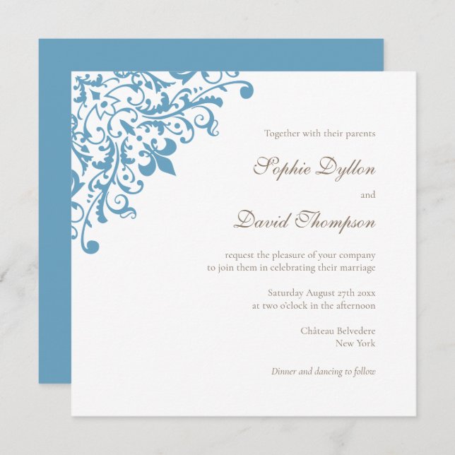 Invitation Regency French Blue Fleur de Lis Carré (Devant / Derrière)