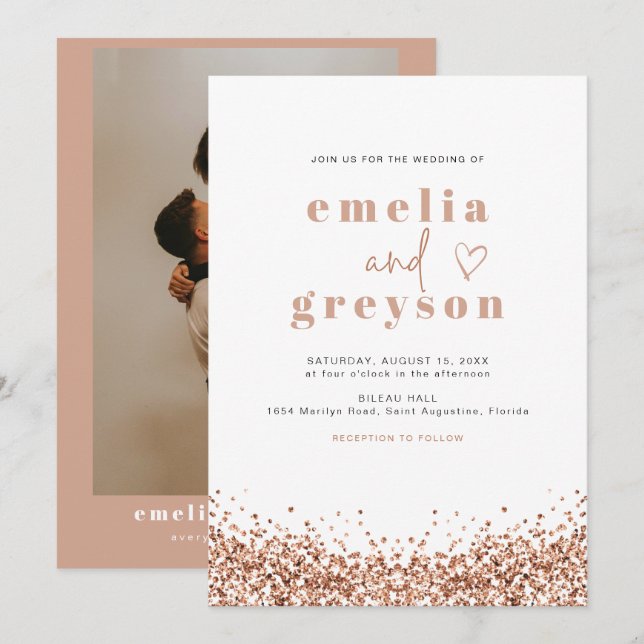 Invitation REGINA Glam Rose Gold Sequins Mariage Disco (Devant / Derrière)