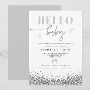 Invitation REGINA Hello Baby Paillettes Argent Fête Prénatale