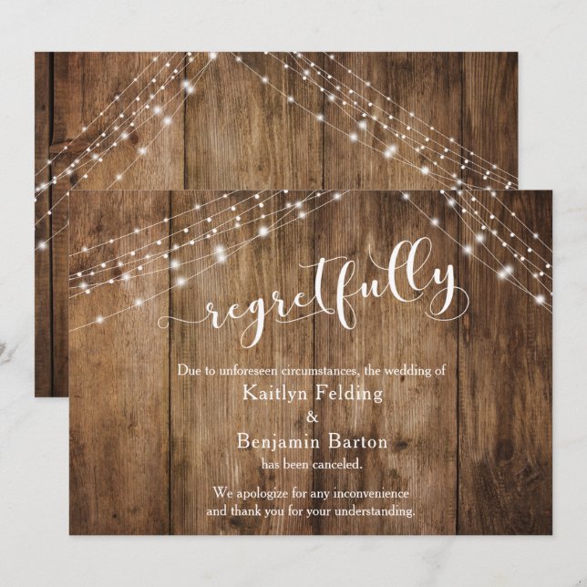 Invitation Regrettablement, Rustic Wood & Lights Annulé Card (Devant / Derrière)