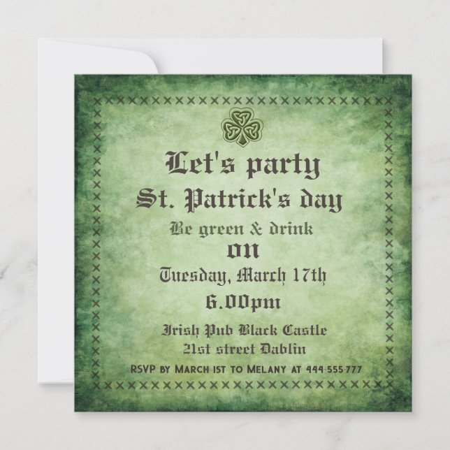 Invitation Regroupement vintage shamrock irlandais Saint Patr (Devant)